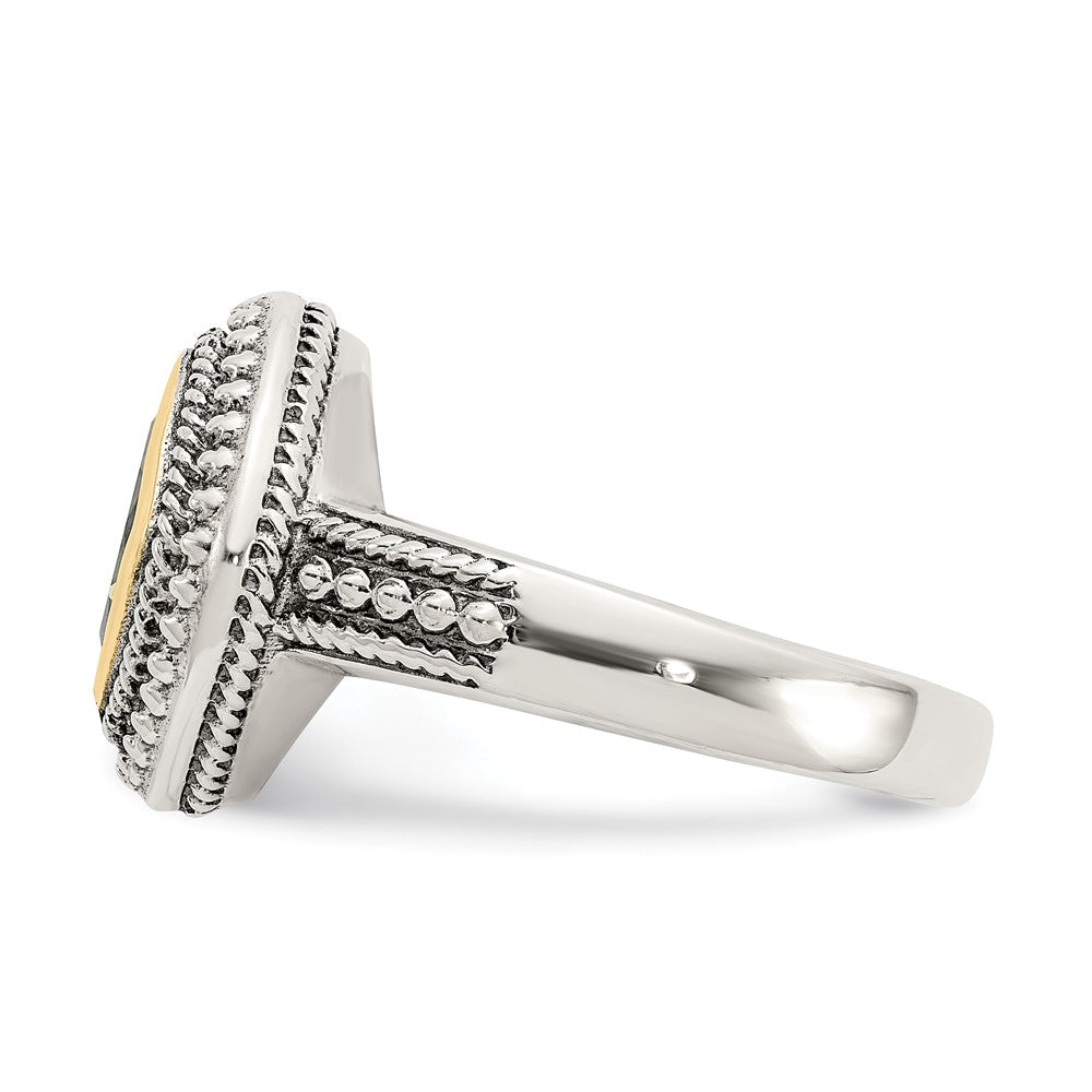 14K/Silver Two Tone Shey Couture Sterling Silver With 14K Accent Antiqued Cushion Bezel Peridot Ring