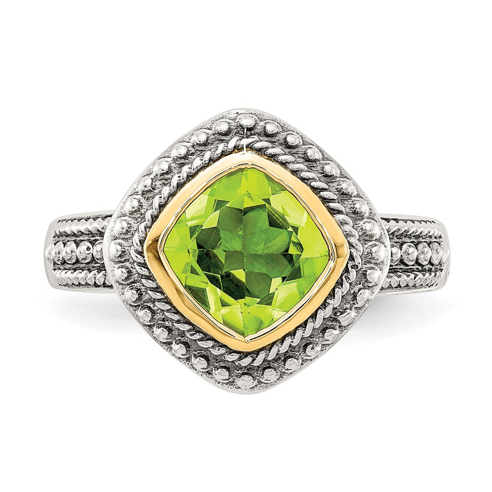 14K/Silver Two Tone Shey Couture Sterling Silver With 14K Accent Antiqued Cushion Bezel Peridot Ring