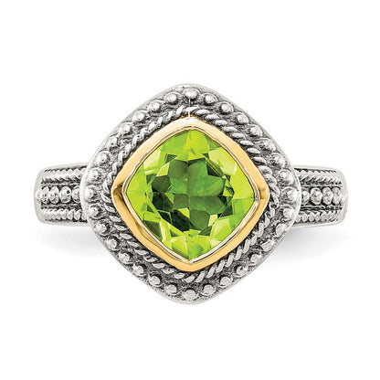14K/Silver Two Tone Shey Couture Sterling Silver With 14K Accent Antiqued Cushion Bezel Peridot Ring