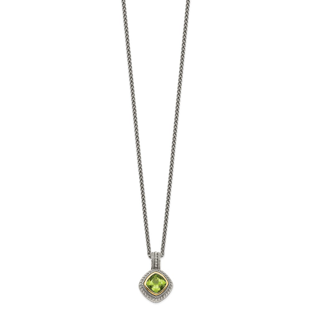 14K/Silver Two Tone Shey Couture Sterling Silver With 14K Accent 18 Inch Antiqued Cushion Bezel Peridot Necklace