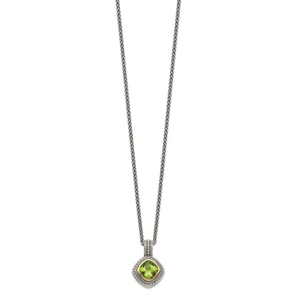 14K/Silver Two Tone Shey Couture Sterling Silver With 14K Accent 18 Inch Antiqued Cushion Bezel Peridot Necklace