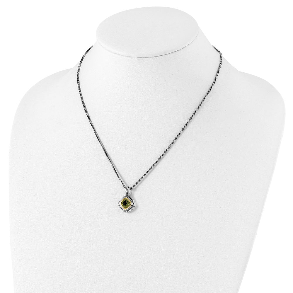 14K/Silver Two Tone Shey Couture Sterling Silver With 14K Accent 18 Inch Antiqued Cushion Bezel Peridot Necklace