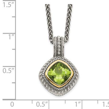 14K/Silver Two Tone Shey Couture Sterling Silver With 14K Accent 18 Inch Antiqued Cushion Bezel Peridot Necklace