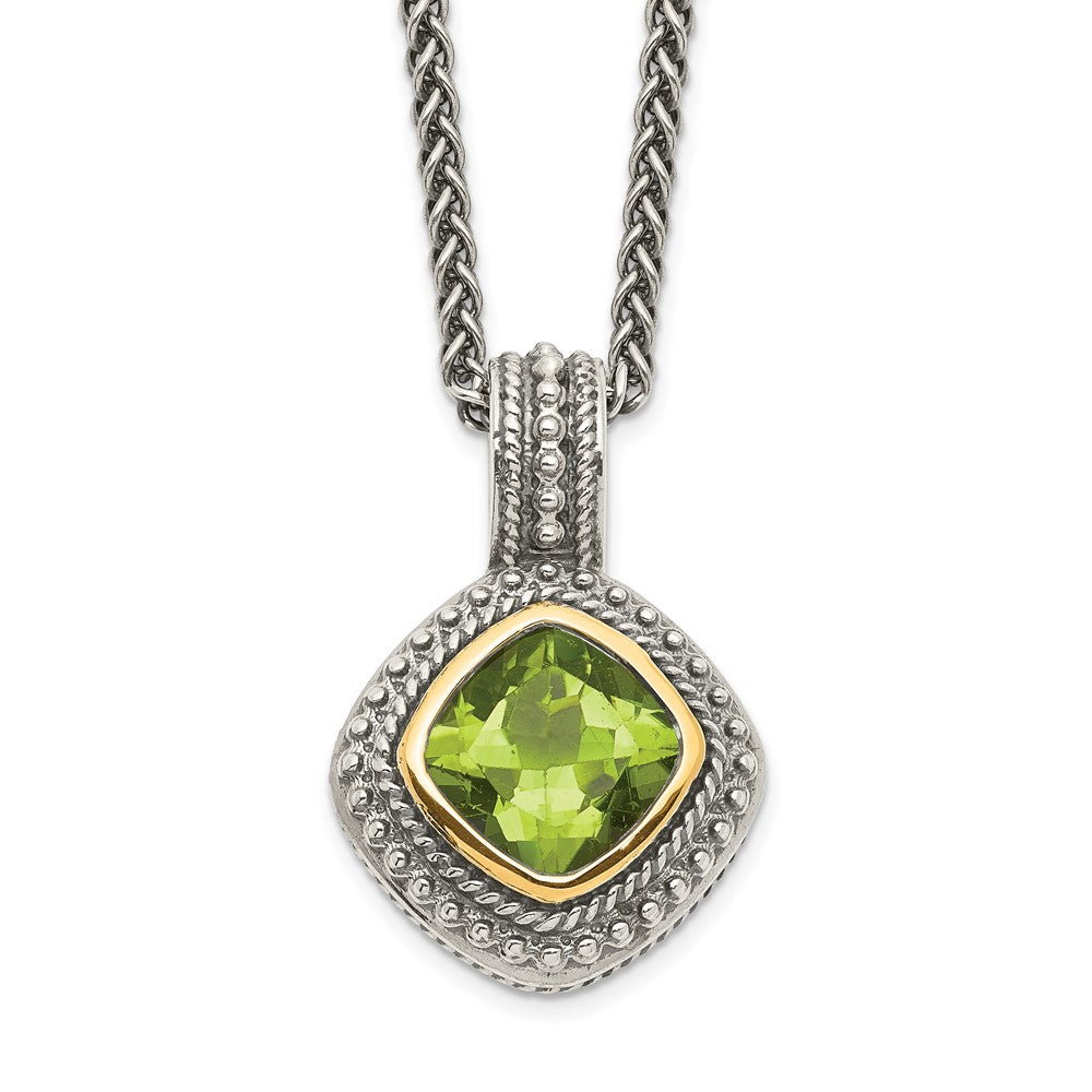 14K/Silver Two Tone Shey Couture Sterling Silver With 14K Accent 18 Inch Antiqued Cushion Bezel Peridot Necklace