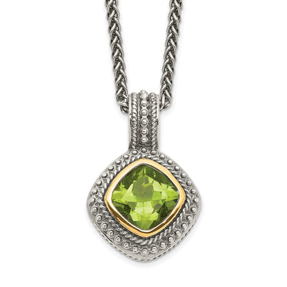 14K/Silver Two Tone Shey Couture Sterling Silver With 14K Accent 18 Inch Antiqued Cushion Bezel Peridot Necklace