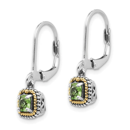 14K/Silver Two Tone Shey Couture Sterling Silver With 14K Accent Antiqued Cushion Peridot Leverback Earrings