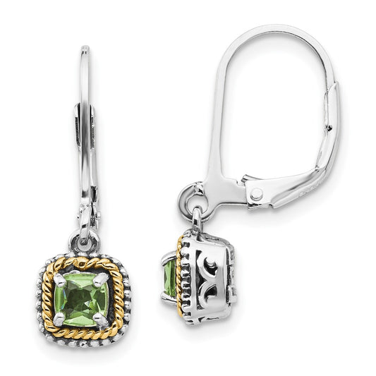 14K/Silver Two Tone Shey Couture Sterling Silver With 14K Accent Antiqued Cushion Peridot Leverback Earrings