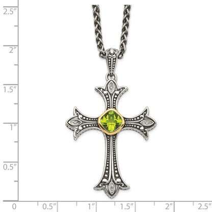 14K/Silver Two Tone Shey Couture Sterling Silver With 14K Accent 18 Inch Antiqued Diamond And Cushion Bezel Peridot Necklace