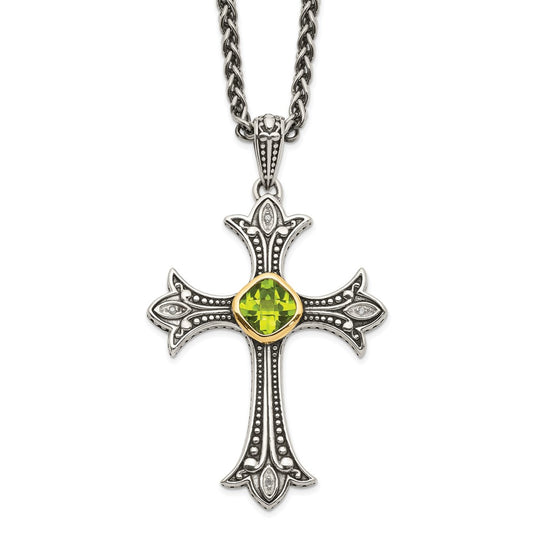 14K/Silver Two Tone Shey Couture Sterling Silver With 14K Accent 18 Inch Antiqued Diamond And Cushion Bezel Peridot Necklace