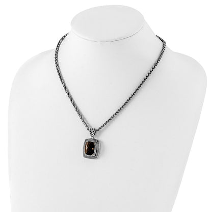 14K/Silver Two Tone Shey Couture Sterling Silver With 14K Accent 18 Inch Antiqued Cushion Checkerboard Smoky Quartz Necklace
