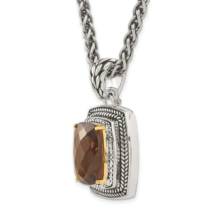 14K/Silver Two Tone Shey Couture Sterling Silver With 14K Accent 18 Inch Antiqued Cushion Checkerboard Smoky Quartz Necklace