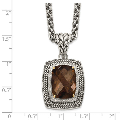 14K/Silver Two Tone Shey Couture Sterling Silver With 14K Accent 18 Inch Antiqued Cushion Checkerboard Smoky Quartz Necklace