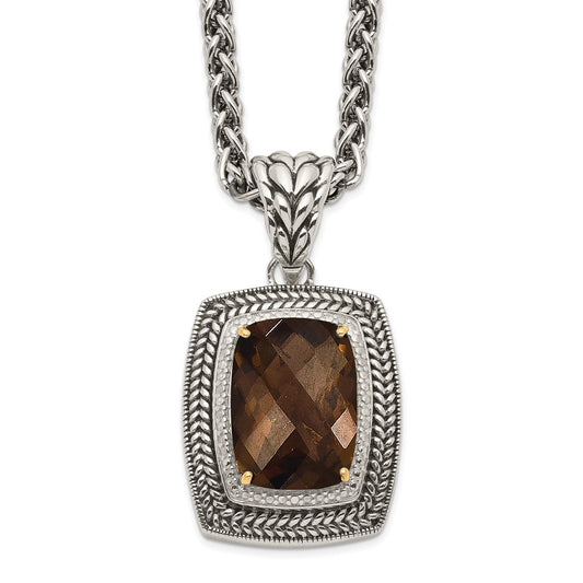 14K/Silver Two Tone Shey Couture Sterling Silver With 14K Accent 18 Inch Antiqued Cushion Checkerboard Smoky Quartz Necklace