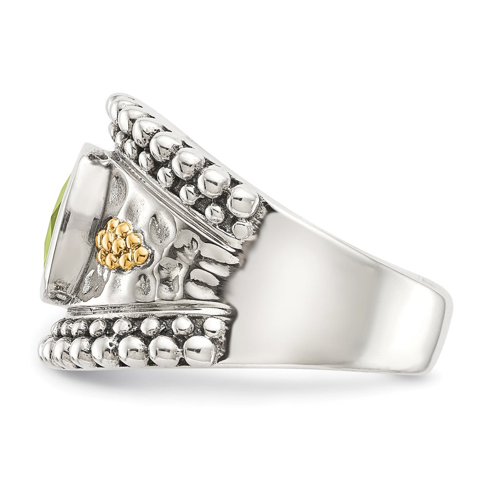 14K/Silver Two Tone Shey Couture Sterling Silver With 14K Accent Antiqued Cushion Bezel Peridot Ring