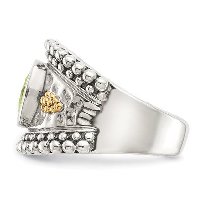 14K/Silver Two Tone Shey Couture Sterling Silver With 14K Accent Antiqued Cushion Bezel Peridot Ring