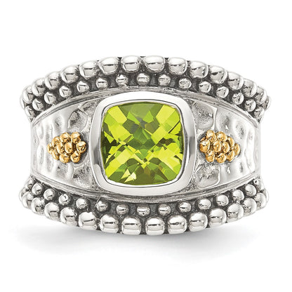 14K/Silver Two Tone Shey Couture Sterling Silver With 14K Accent Antiqued Cushion Bezel Peridot Ring
