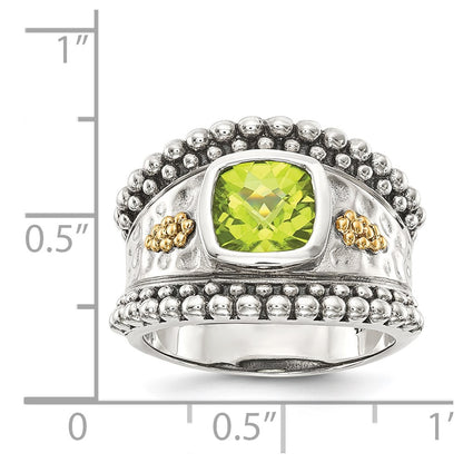 14K/Silver Two Tone Shey Couture Sterling Silver With 14K Accent Antiqued Cushion Bezel Peridot Ring