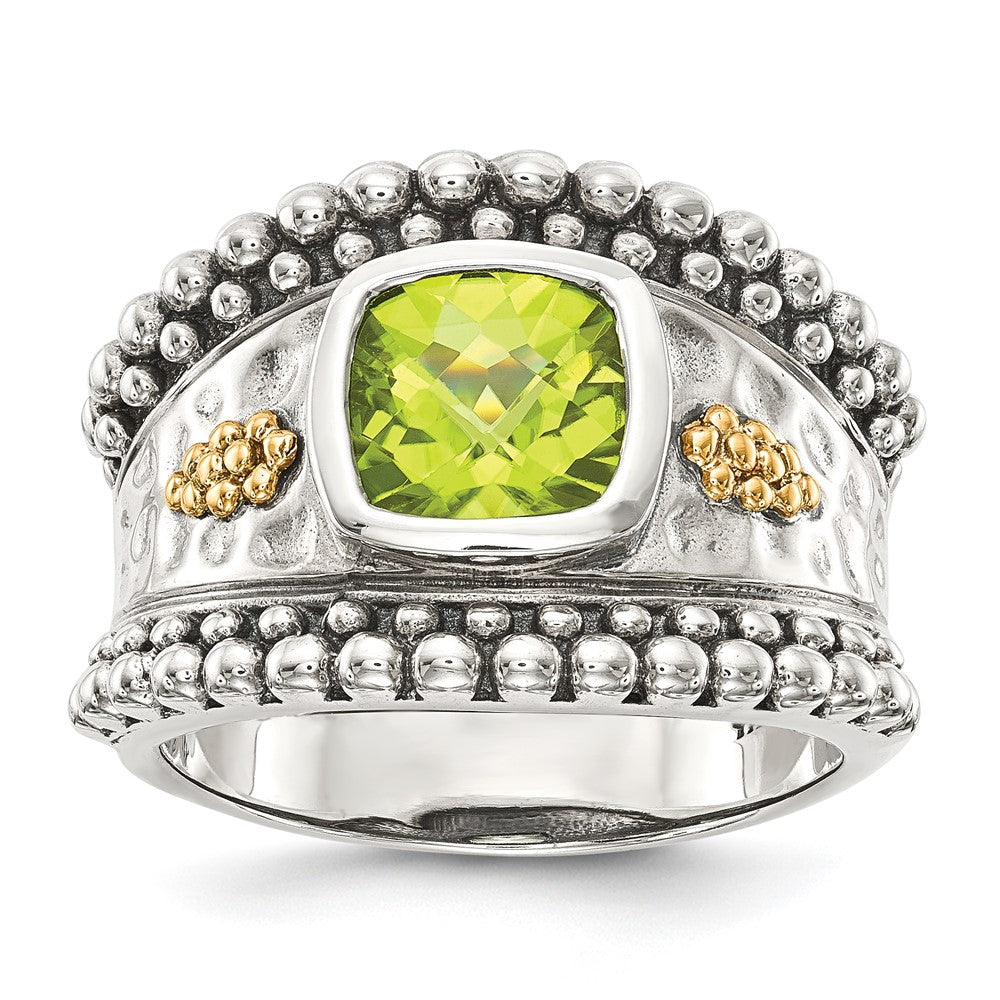 14K/Silver Two Tone Shey Couture Sterling Silver With 14K Accent Antiqued Cushion Bezel Peridot Ring