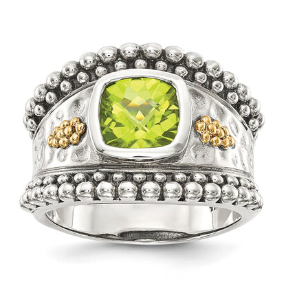 14K/Silver Two Tone Shey Couture Sterling Silver With 14K Accent Antiqued Cushion Bezel Peridot Ring