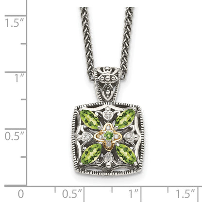 14K/Silver Two Tone Shey Couture Sterling Silver With 14K Accent 18 Inch Antiqued Diamond And Marquise Peridot Necklace