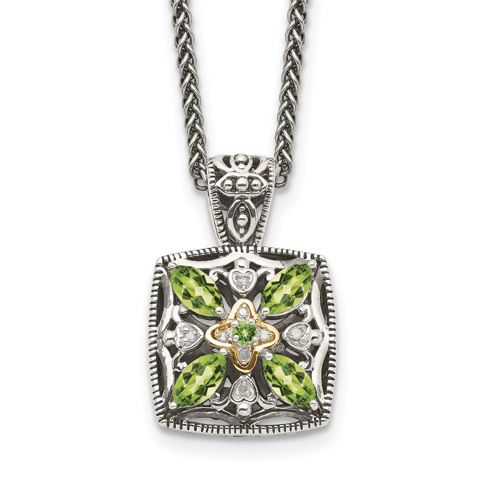 14K/Silver Two Tone Shey Couture Sterling Silver With 14K Accent 18 Inch Antiqued Diamond And Marquise Peridot Necklace