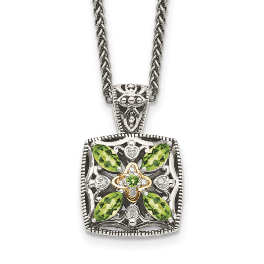 14K/Silver Two Tone Shey Couture Sterling Silver With 14K Accent 18 Inch Antiqued Diamond And Marquise Peridot Necklace
