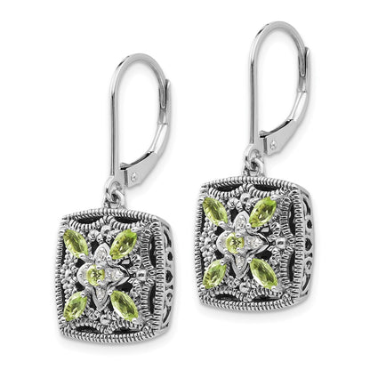 14K/Silver Two Tone Shey Couture Sterling Silver With 14K Accent Antiqued Diamond And Marquise Peridot Leverback Earrings
