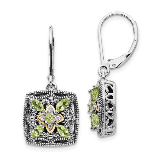 14K/Silver Two Tone Shey Couture Sterling Silver With 14K Accent Antiqued Diamond And Marquise Peridot Leverback Earrings