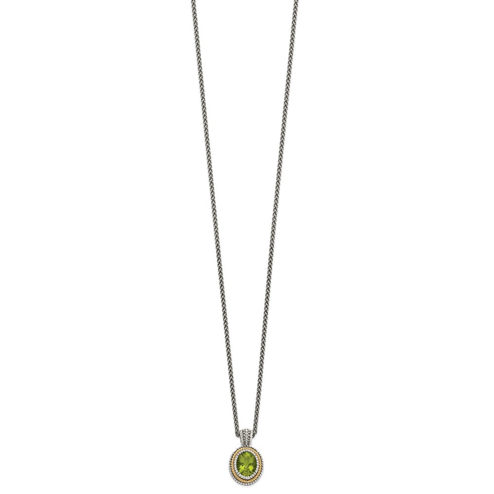 14K/Silver Two Tone Shey Couture Sterling Silver With 14K Accent 18 Inch Antiqued Oval Bezel Peridot Necklace