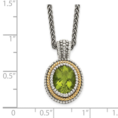 14K/Silver Two Tone Shey Couture Sterling Silver With 14K Accent 18 Inch Antiqued Oval Bezel Peridot Necklace
