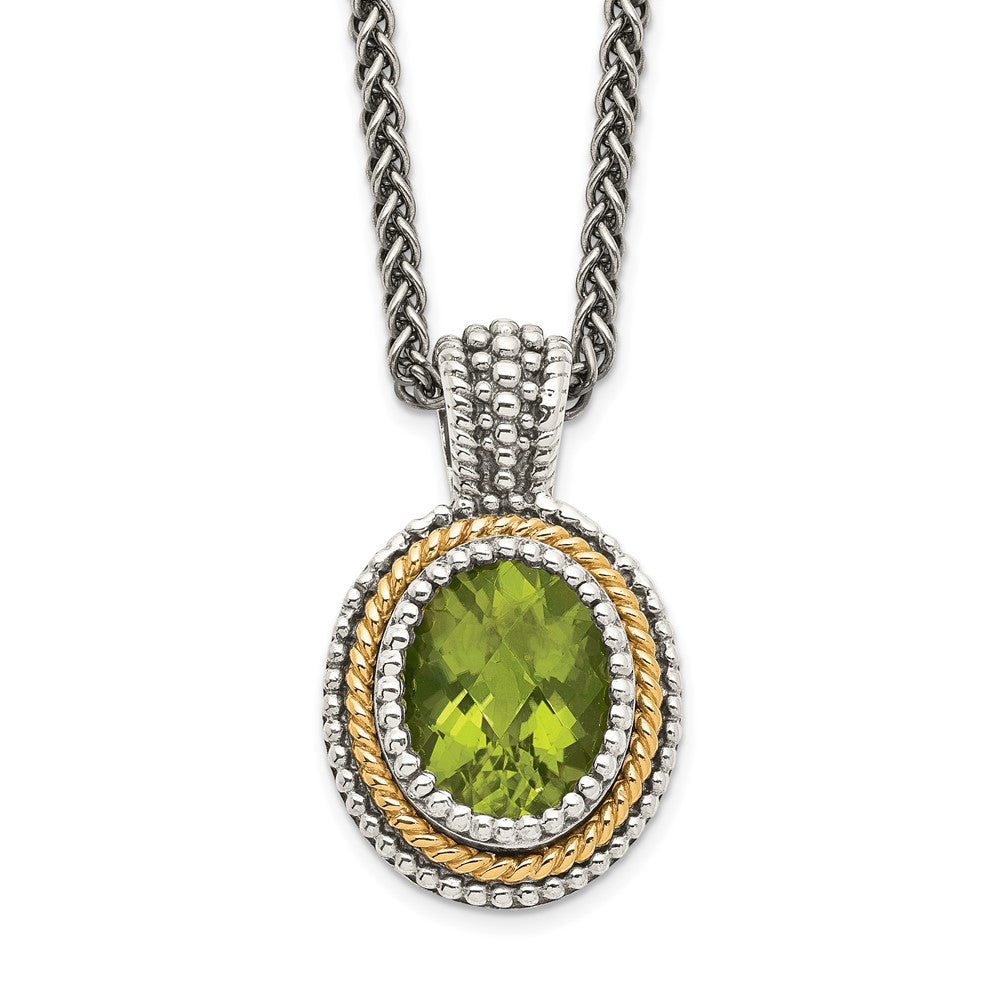 14K/Silver Two Tone Shey Couture Sterling Silver With 14K Accent 18 Inch Antiqued Oval Bezel Peridot Necklace