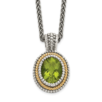 14K/Silver Two Tone Shey Couture Sterling Silver With 14K Accent 18 Inch Antiqued Oval Bezel Peridot Necklace