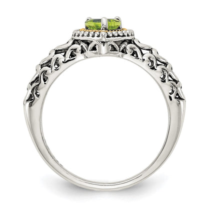14K/Silver Two Tone Shey Couture Sterling Silver With 14K Accent Antiqued Heart Peridot Ring