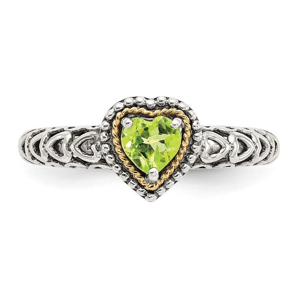 14K/Silver Two Tone Shey Couture Sterling Silver With 14K Accent Antiqued Heart Peridot Ring