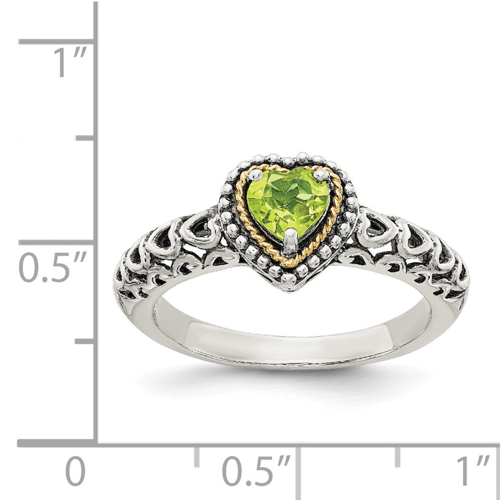 14K/Silver Two Tone Shey Couture Sterling Silver With 14K Accent Antiqued Heart Peridot Ring