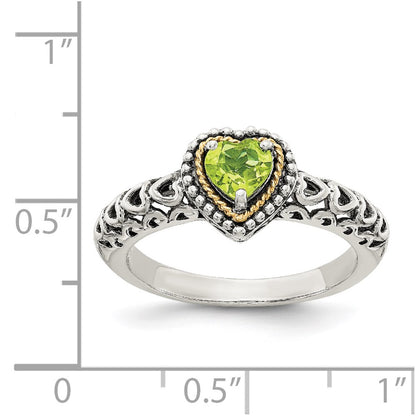 14K/Silver Two Tone Shey Couture Sterling Silver With 14K Accent Antiqued Heart Peridot Ring