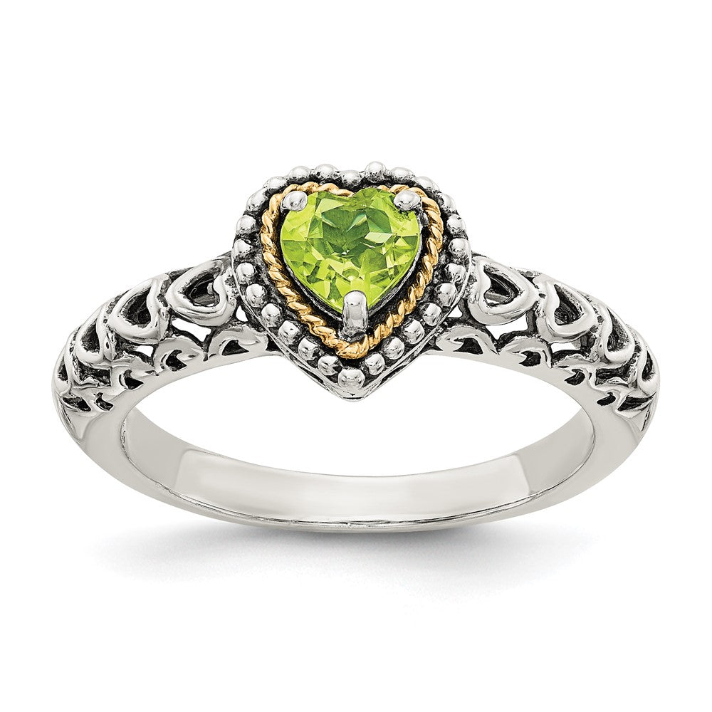 14K/Silver Two Tone Shey Couture Sterling Silver With 14K Accent Antiqued Heart Peridot Ring