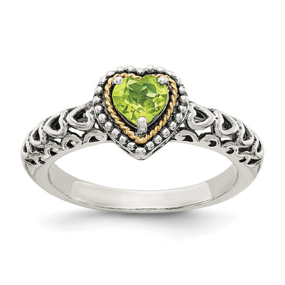 14K/Silver Two Tone Shey Couture Sterling Silver With 14K Accent Antiqued Heart Peridot Ring