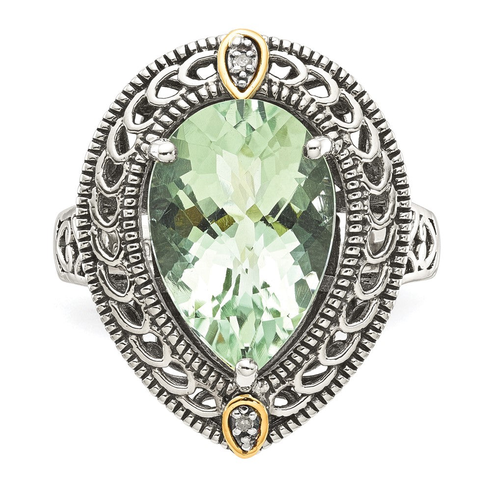 14K/Silver Two Tone Shey Couture Sterling Silver With 14K Accent Antiqued Diamond And Pear Shaped Green Quartz Ring