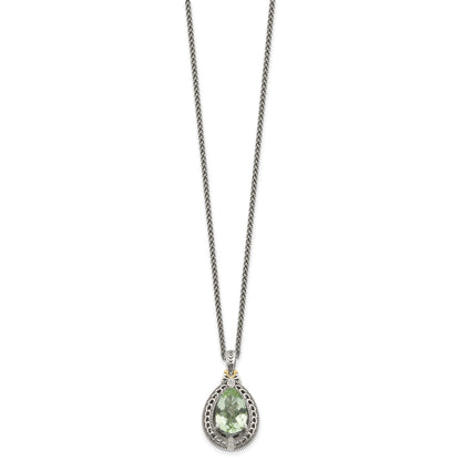14K/Silver Two Tone Shey Couture Sterling Silver With 14K Accent 18 Inch Antiqued Diamond And Pear Shaped Green Quartz Necklace