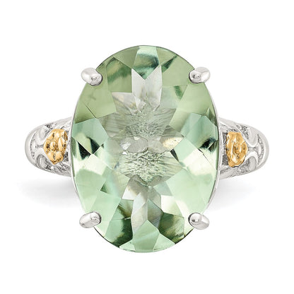 14K/Silver Two Tone Shey Couture Sterling Silver Rhodium Plated With 14K Accent Oval Green Quartz Ring
