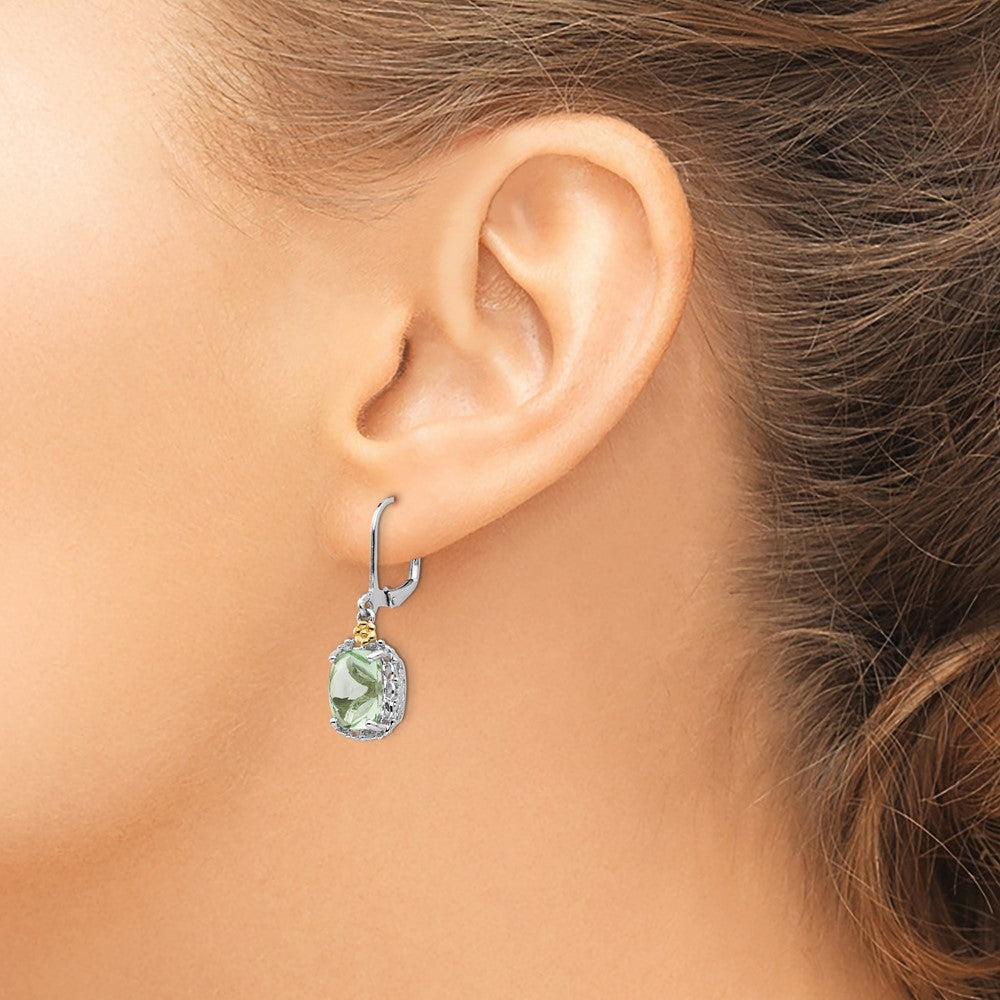 14K/Silver Two Tone Shey Couture Sterling Silver Rhodium Plated With 14K Accent Cushion Green Quartz Leverback Earrings