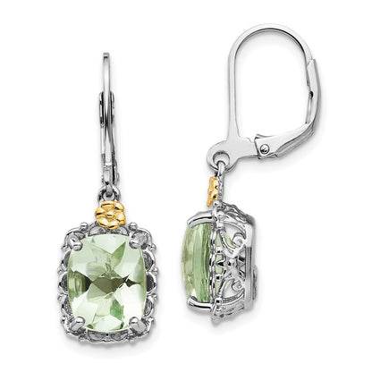 14K/Silver Two Tone Shey Couture Sterling Silver Rhodium Plated With 14K Accent Cushion Green Quartz Leverback Earrings