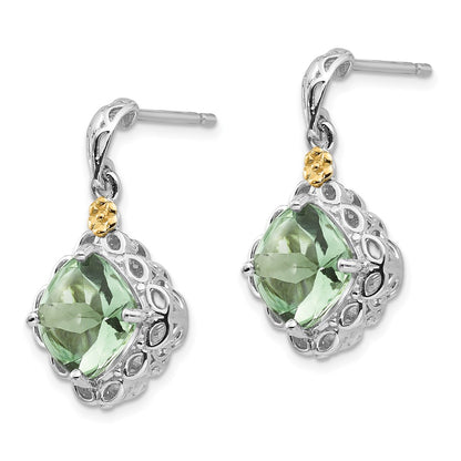 14K/Silver Two Tone Shey Couture Sterling Silver Rhodium Plated With 14K Accent Cushion Green Quartz Post Dangle Earrings