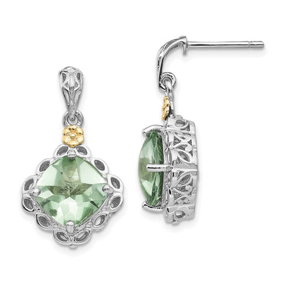 14K/Silver Two Tone Shey Couture Sterling Silver Rhodium Plated With 14K Accent Cushion Green Quartz Post Dangle Earrings