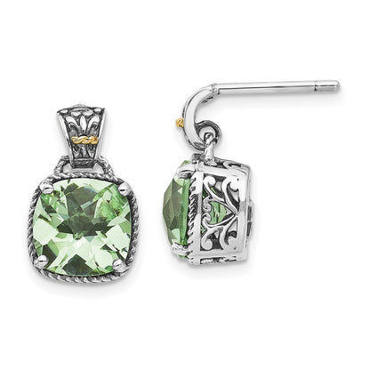 14K/Silver Two Tone Shey Couture Sterling Silver With 14K Accent Antiqued Cushion Green Quartz Post Dangle Earrings