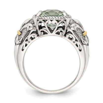 14K/Silver Two Tone Shey Couture Sterling Silver With 14K Accent Antiqued Cushion Green Quartz Ring