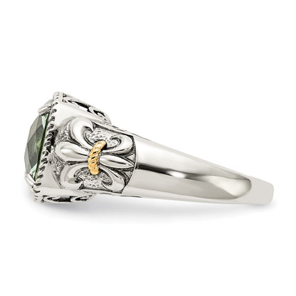 14K/Silver Two Tone Shey Couture Sterling Silver With 14K Accent Antiqued Cushion Green Quartz Ring