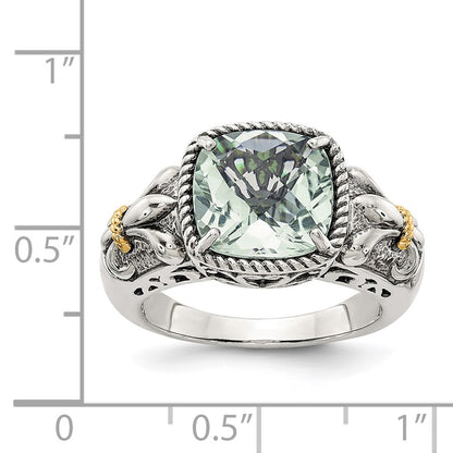 14K/Silver Two Tone Shey Couture Sterling Silver With 14K Accent Antiqued Cushion Green Quartz Ring