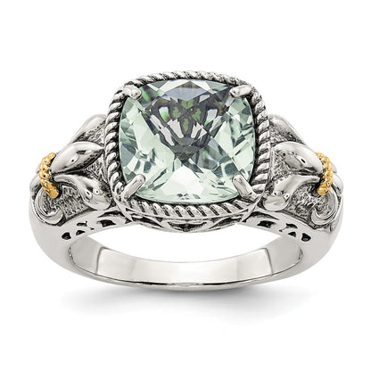 14K/Silver Two Tone Shey Couture Sterling Silver With 14K Accent Antiqued Cushion Green Quartz Ring